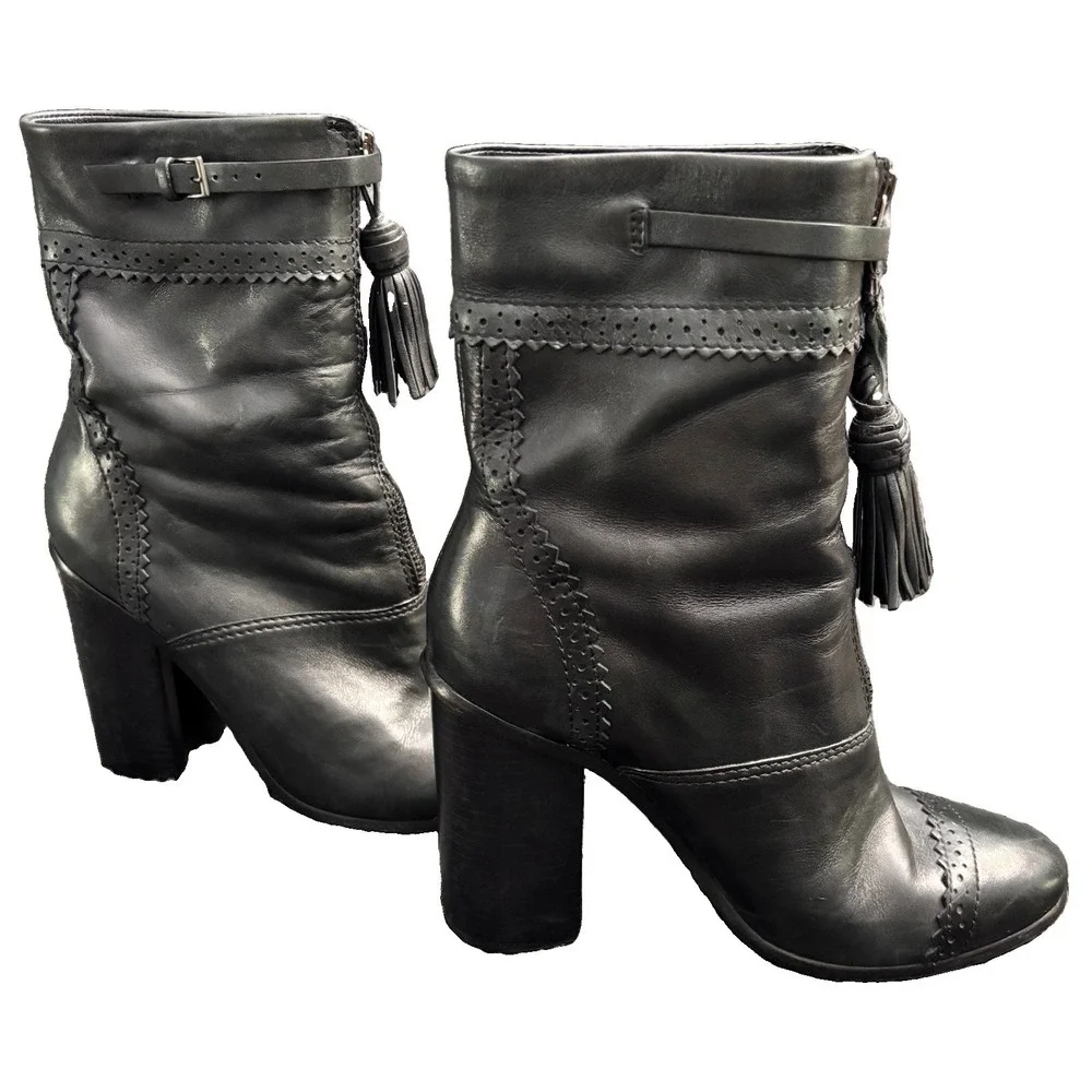 Tory Burch Black Leather Huxley Tassel Ankle Boots Block Heel Women Size 8